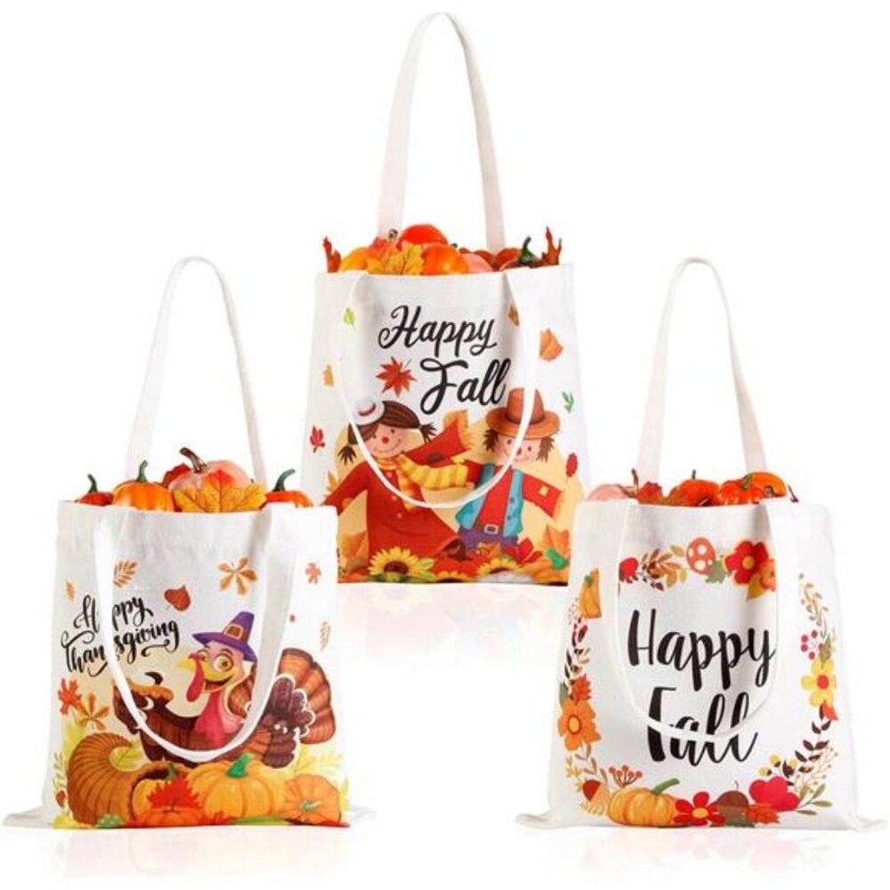 GreenPine 3 Pack Fall Canvas Tote‎ Bags Turkey Pumpkins Tote Bag Thanksgiving